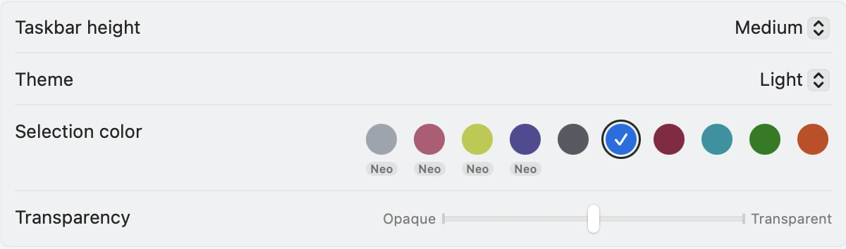 English appearance controls for bar height, selection color and transparency